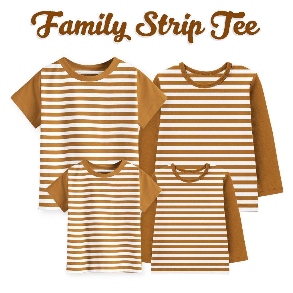 Kaos Couple Family Motif Strip Anak dan Dewasa Kaos Seragam Keluarga Lengan Pendek dan Panjang warna Almond