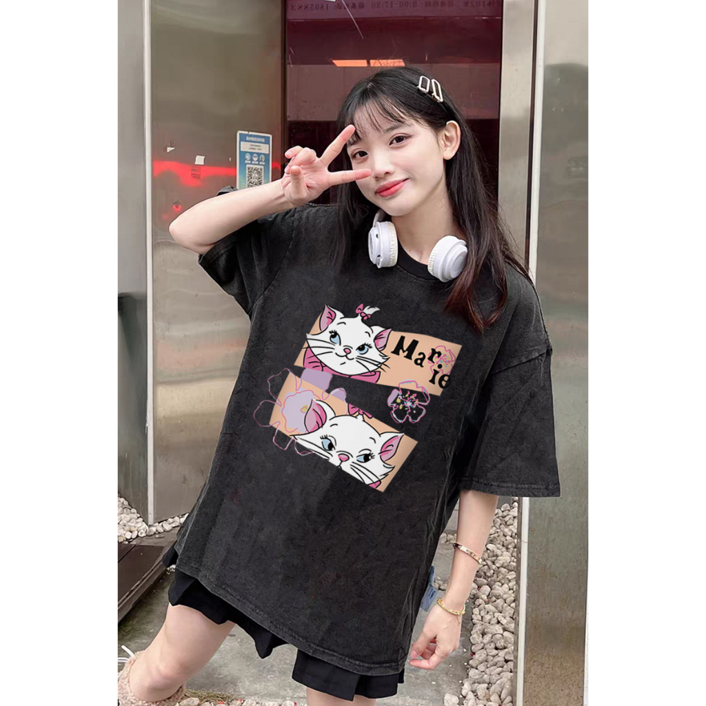 EUNII T-shirt Lengan Pendek Black Washed Cartoon Hello Kitty Printing Korean Style/Kaos Atasan Wanita/Baju Wanita/Kaos Wanita