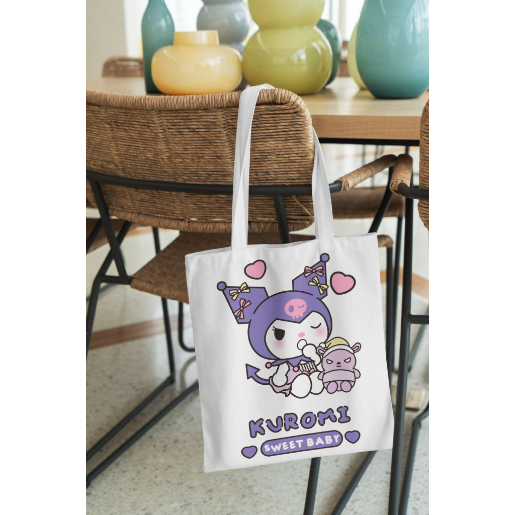 TAS TOTE BAG LOTSO CINNAMOROLL KUROMI MELODY POMPOMPURIN HELLO KITTY POCHACCO DOG TOY STORY TAS BELANJA TAS KANVAS SHOPPING BAG PUTIH