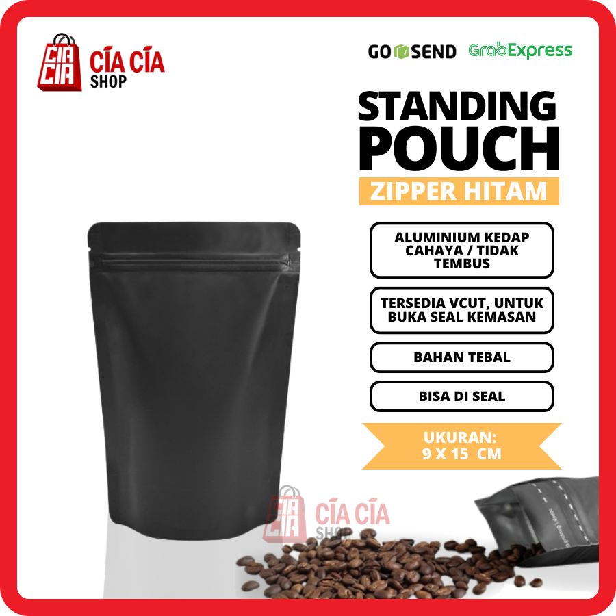 Kemasan Standing Pouch Zipper Alu Hitam, Food Grade Kedap Cahaya 9x15