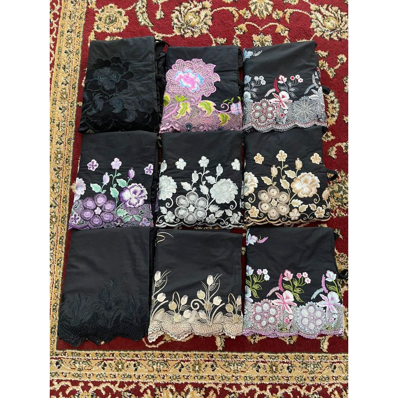 Mukena katun paris hitam kerancang bordir suji