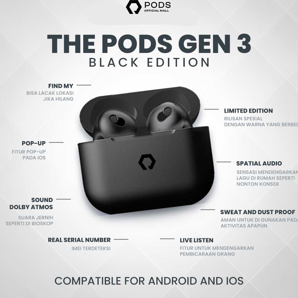 The Pods Gen 3 Black 2024 [LIMITED EDITION] Wireless Charging Case (Highest Version) By Pods Indonesiaaa