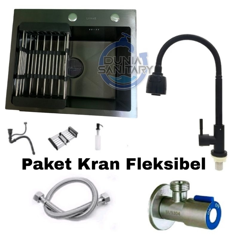 Paket Lengkap Kitchen Sink 6045 Paket Kran Tarik Hitam Bak cuci piring Tirisan Tarik