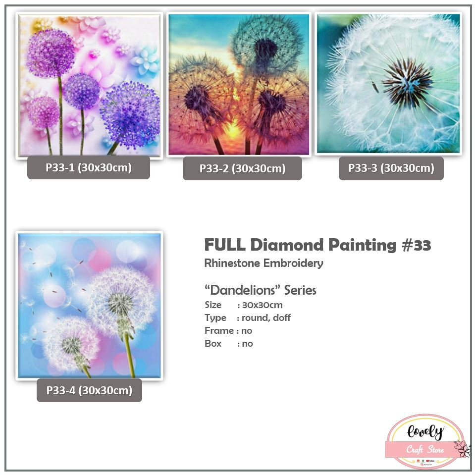 LovelyCraftStore | P33 ~ 5D Diamond painting FULL 30x30cm embroidery rhinestone Dandelions Lukisan M