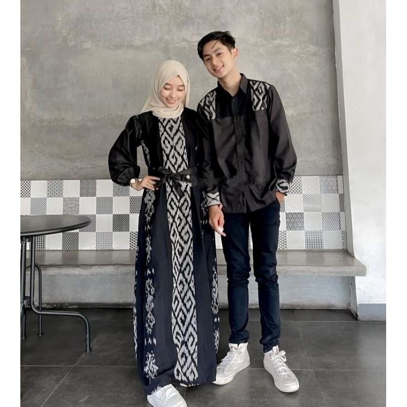 BAJU COUPLE BATIK TENUN PASANGAN GAMIS ANJANI HITAM KEMEJA PANJANG DAN PENDEK
