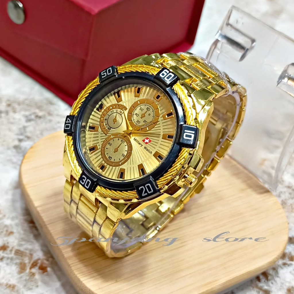 jam tangan pria tali rantai warna full gold jam tangan keren pria rantai stell jam tangan cowok rant