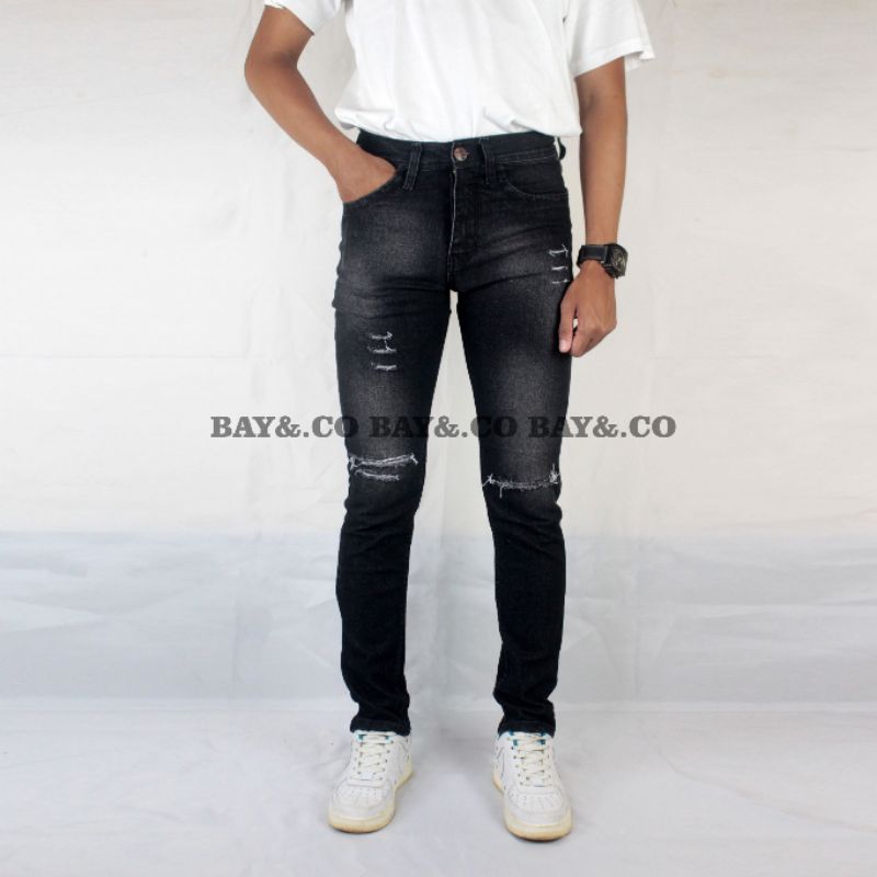 BAY&.CO Celana Jeans Denim Panjang Sobek Lutut  Ripeed Skiny Pria Dewasa ORIGINAL FIFTEEN DENIM & FI