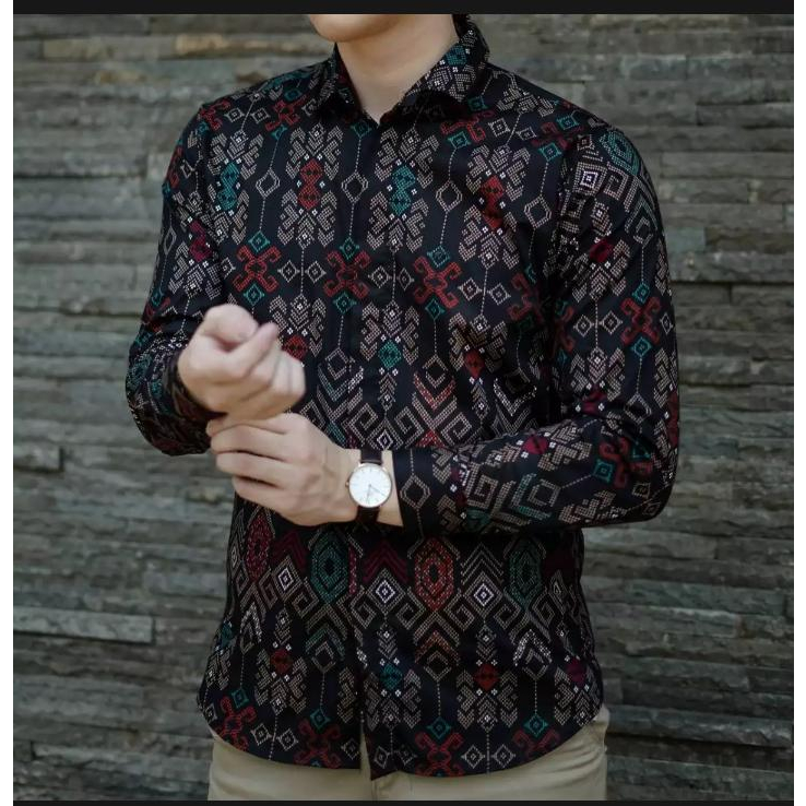 Credomenstore Kemeja Batik Songket Hitam / Kemeja Batik Pria Lengan Panjang / Baju Batik Cowok