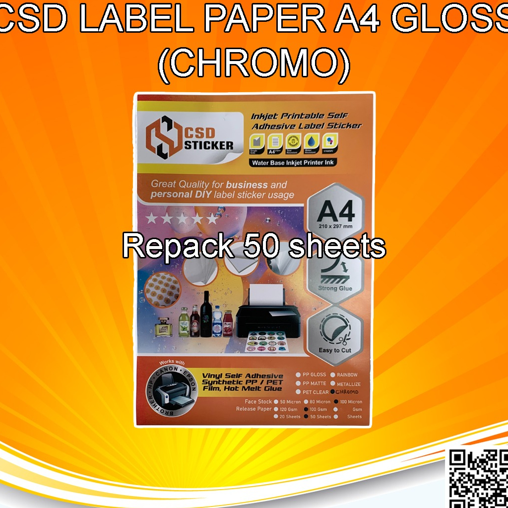 Kertas Stiker Kromo Label Paper Inkjet Print A4 CSD Chromo Glossy Repack - isi 50 lembar