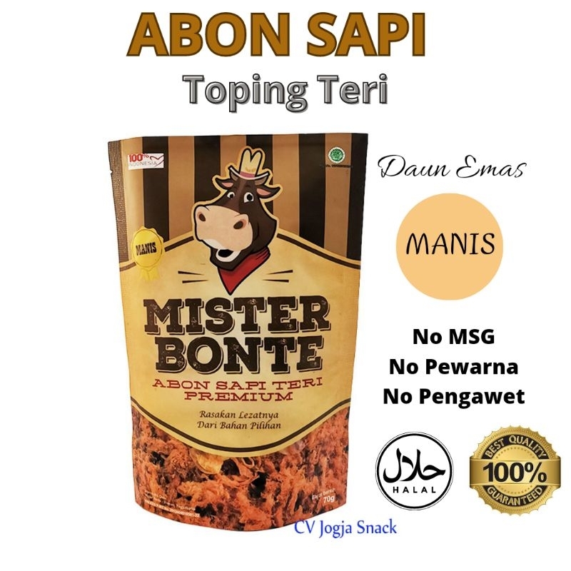 

Abon Sapi Toping Teri Nasi Premium Manis Tanpa Pengawet Non MSG Mister Bonte Daun Emas MPASI Halal