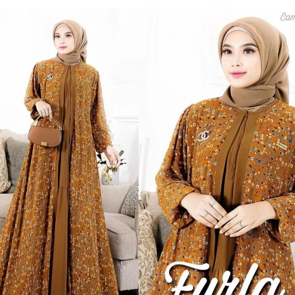 furla gamis ceruty babydoll motif bunga dress muslimah 2 layer terbaru baju lebaran wanita 2023