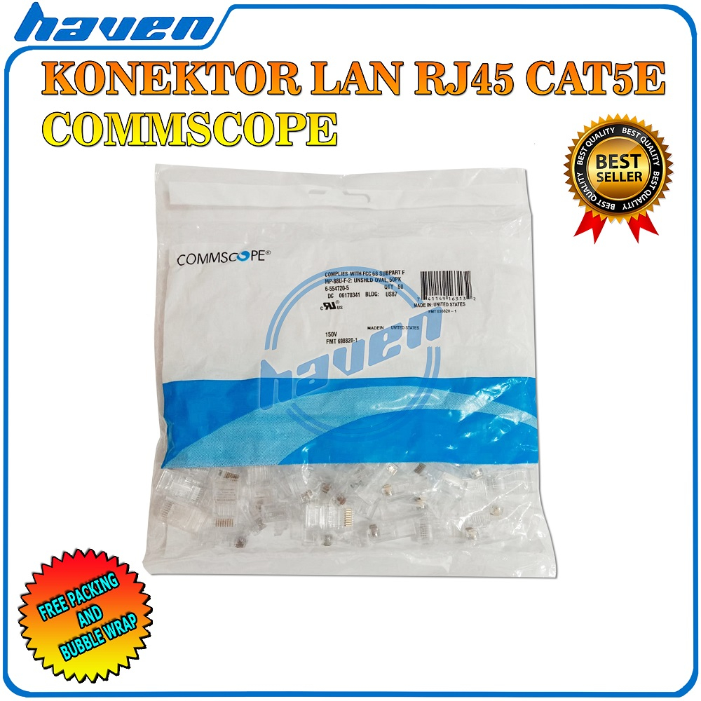 Konektor RJ45 AMP Commscope Connector Rj45 Amp Comscope CAT5 Cat5e Konektor Kabel LAN RJ 45 AMP Commscope Cat 5 Isi 100pcs