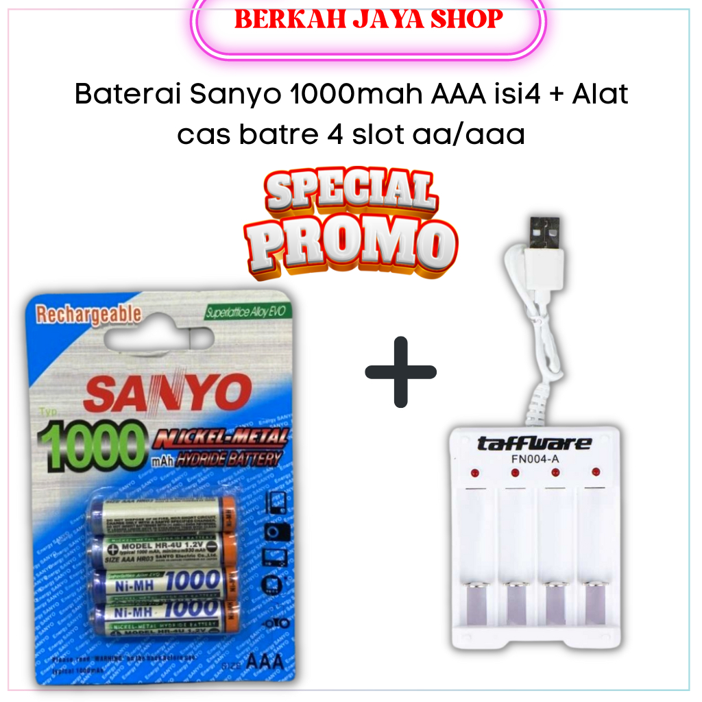 Baterai Charger Sanyo 1000mah AAA 1.2V dan Alat Cas Batre AA AAA 4slot untuk Baterai Remot Tv dan Ac