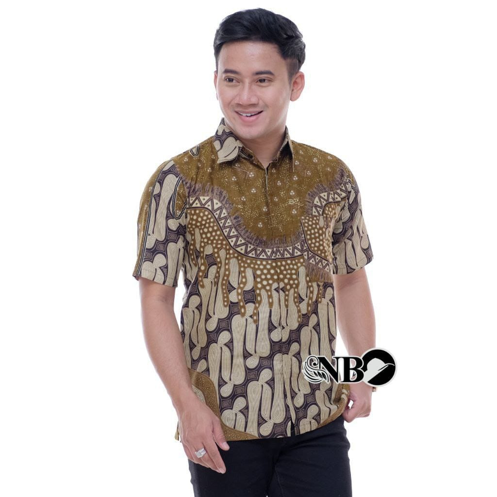 Batik Pria Lengan Pendek Premium BATIK AZMIL HRB026 motif KERATONAN Kode 002 size M L XL XXL