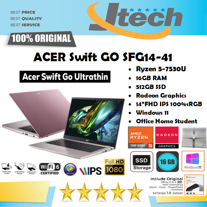 ACER Swift GO SFG14-41 - Ryzen 5-7530U - 16GB - 512GB SSD - 14&quot;FHD IPS 100%sRGB - W11 - OHS