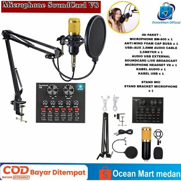 Microphone Recording BM-800 Set Stand Mic Podcast Youtuber Condenser Sound Card V8 OCEANMART OCEAN MART