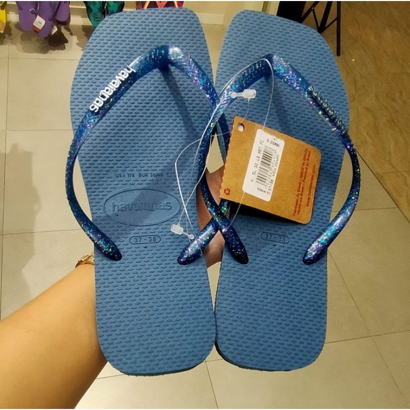 Sandal Jepit Wanita Havaianas Slim Square Logo Metalic - Blue
