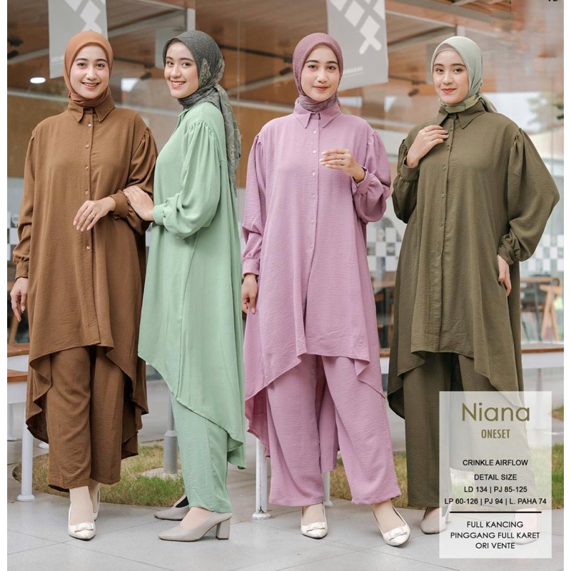 NIANA ONESET // Basic Casual Set Muslim Long Tunik Celana Crinkle Airflow // Oneset Tunik Kemeja + C