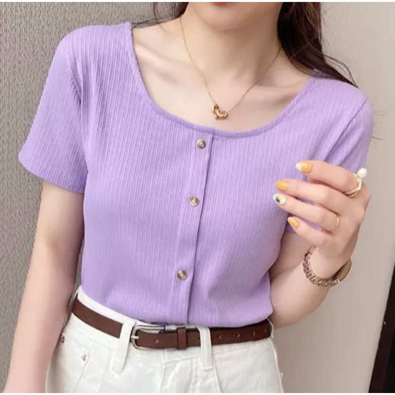 KOREAN BLOUSE LILAC UNGU / KERAH PERSEGI TSHIRT