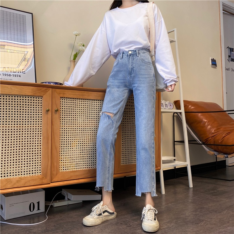 【 Penawaran Istimewa 】Highwaist Robek Kasual Celana Jeans Wanita Rawis Biru