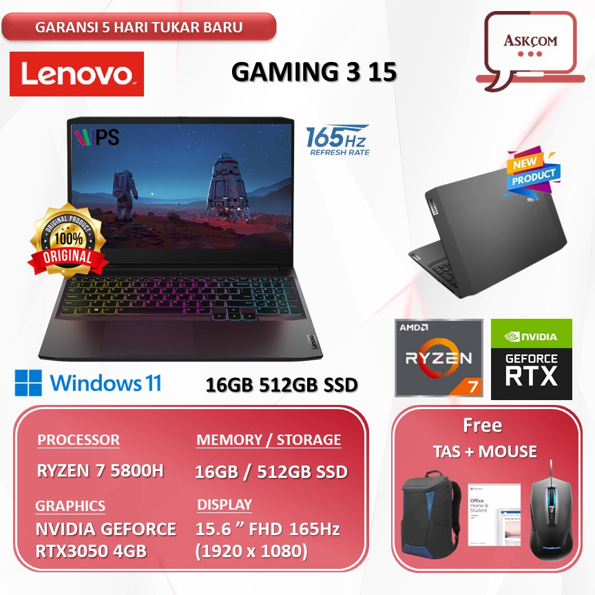 Laptop Lenovo Ideapad Gaming 3 15 RTX3050 4GB RYZEN 7 5800H RAM 8GB 512GB SSD OHS 15.6FHD 165HZ