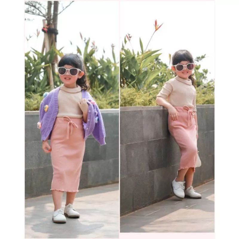 ROK SPAN Skirt Anak Perempuan Curly Ruffle Knit Tee | Bawahan Rok Anak Bahan Rib Knot Halus Dan Lembut