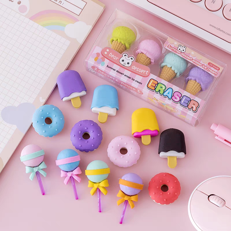 1 SET 4PCS - PENGHAPUS PENSIL KARET BESAR ALA ES CREAM CONE DONAT LOLLIPOP / PENGHAPUS ANAK / ERASER PEN