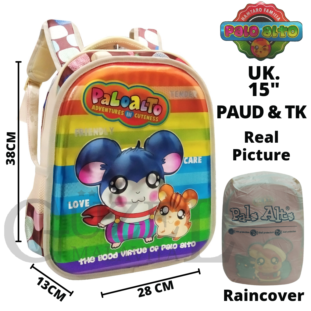 Tas Anak Sekolah TK SD PALO ALTO HAMTARO ORIGINAL Tas Ransel Anak Cowok Cewek GRATIS Jas Hujan