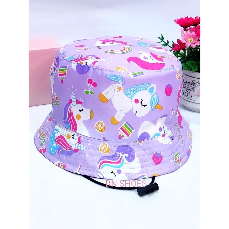 Paket Sepatu Sneakers Anak Bucket Anak Paket Sepatu Tali Anak Bucket Hat Anak Perempuan Lucu Karakter Unicorn Cute Ungu