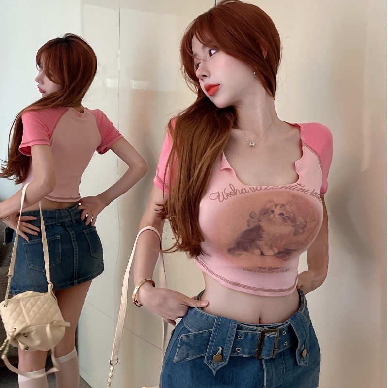 DF BJ381 Crop Top Korean Cuties Cat T-shirt Baju Kaos Pendek Motif Kucing