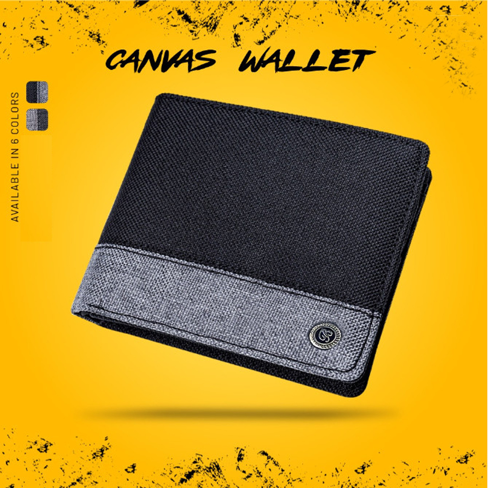 GROSIR 50 PC!! Dompet Kanvas Kombinasi Hitam Abu Berkualitas Premium Dompet Pria Bahan Kulit Kanvas Pendek + Box