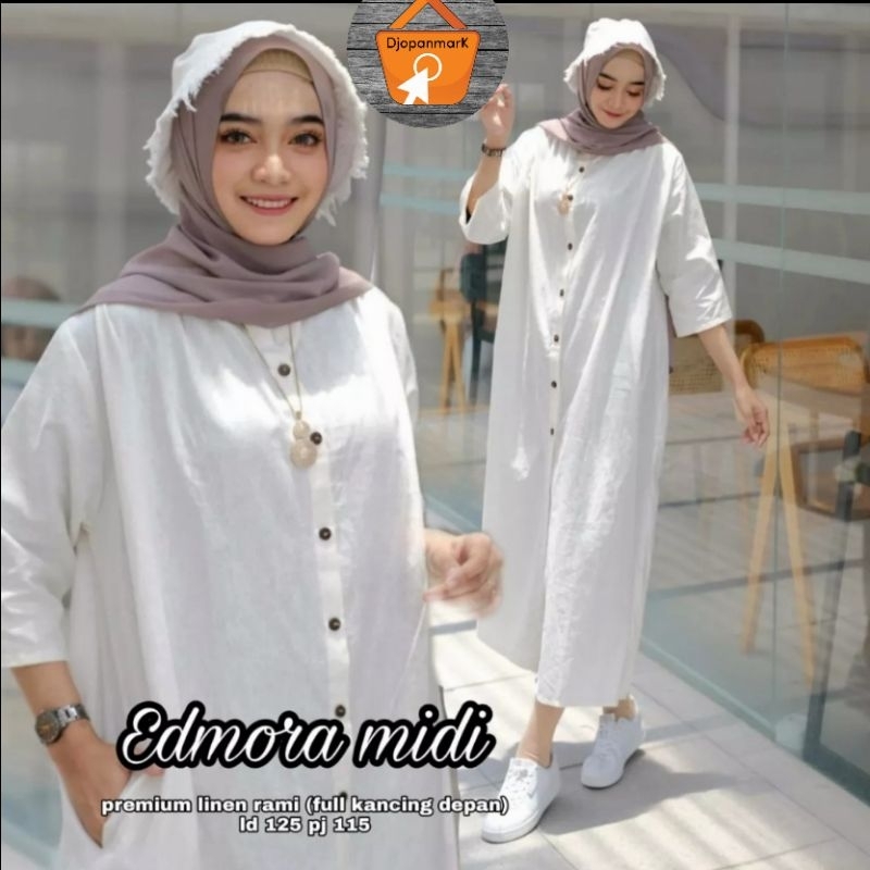Edmora Midi Dress Bahan Linen Rami Premium Polos Dres Tunik Jumbo Terbaru Kekinian Model Hijab