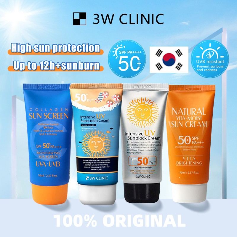 [100% ORI] 3W Clinic Sunscreen Intensive Uv Sunblock Cream Collagen Sunscreen Vita Moist Sunscreen SPF 50+ PA+++ 70ml