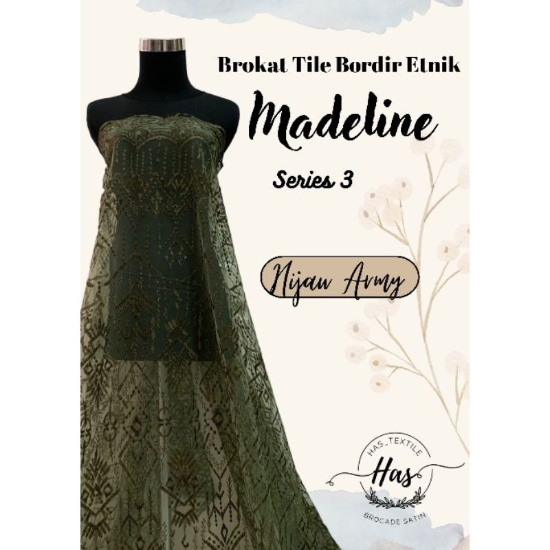 Kain Bahan Kebaya TIle Bordir Etnik Madeline Series 3 Warna Hijau Army