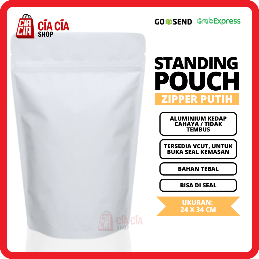 Kemasan Standing Pouch Zipper Alu Kopi / Biji Kedap Cahaya 24x34 Putih