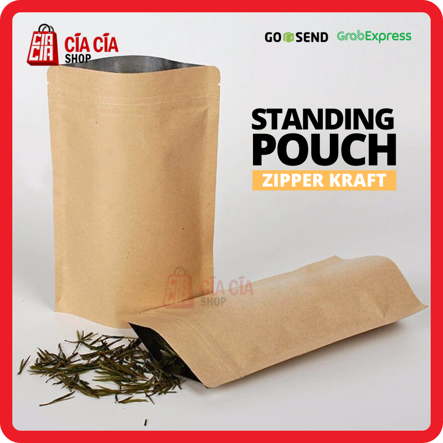 Kemasan Standing Pouch Zipper Kopi / Biji Kedap 24x34 FG Eco Kraft Alu Food Grade