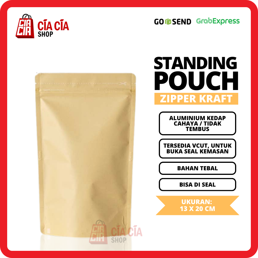 Kemasan Standing Pouch Zipper Alu Eco Kraft Fd.Grd Kedap Cahaya 13x20