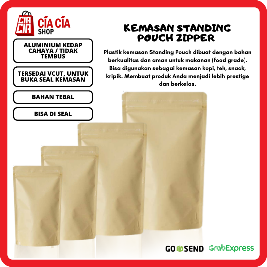 Kemasan Standing Pouch Zipper Alu Eco Kraft Fd.Grd Kedap Cahaya 13x20