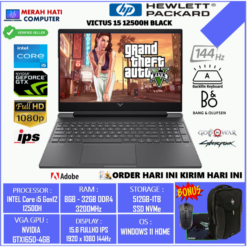 Promo Laptop Gaming HP Victus 15 Intel I5 12450H 32GB 1TB GTX1650-4GB 15.6FHD IPS 144HZ BL Windows 11 Black Original Terlaris