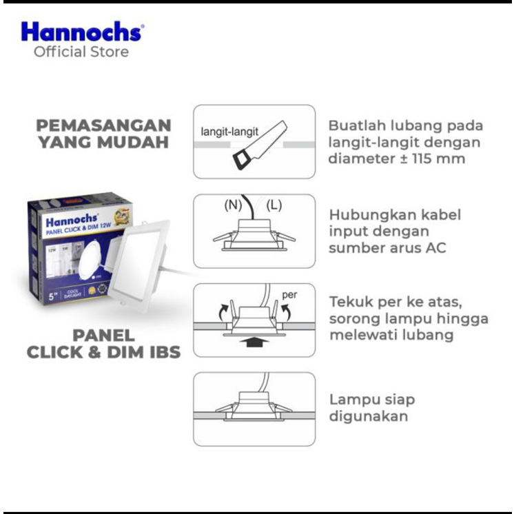 Lampu Downlight LED Hannochs Panel 12W CLICK &amp; DIM KOTAK IB PUTIH