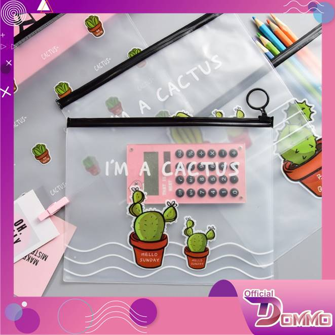 DOMMO - D6114 Tempat Pensil Transparan Motif Kaktus S645 / Pouch Penyimpanan Alat Tulis Import / Pouch Serbaguna / Pouch Simple