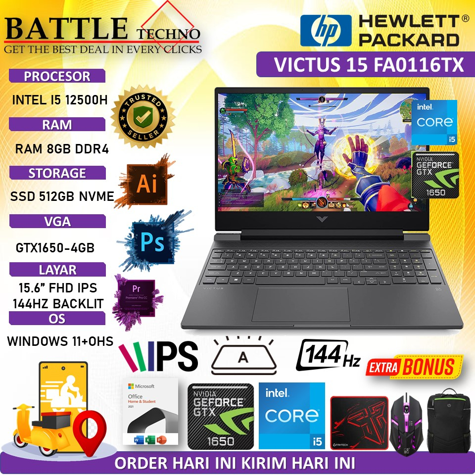 LAPTOP GAMING HP VICTUS 15 FA0116TX INTEL I5 12500H 40GB 512GB GTX1650-4GB 15.6&quot; FHD IPS 144HZ BL WIN11HOME + OHS RESMI MICA SILVER