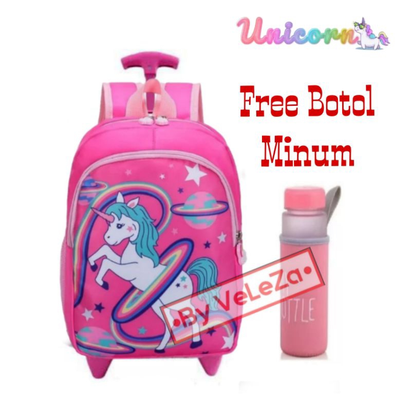 Tas ransel troli anak PAUD TK karakter unicorn canvas gratis botol minum - tas anak