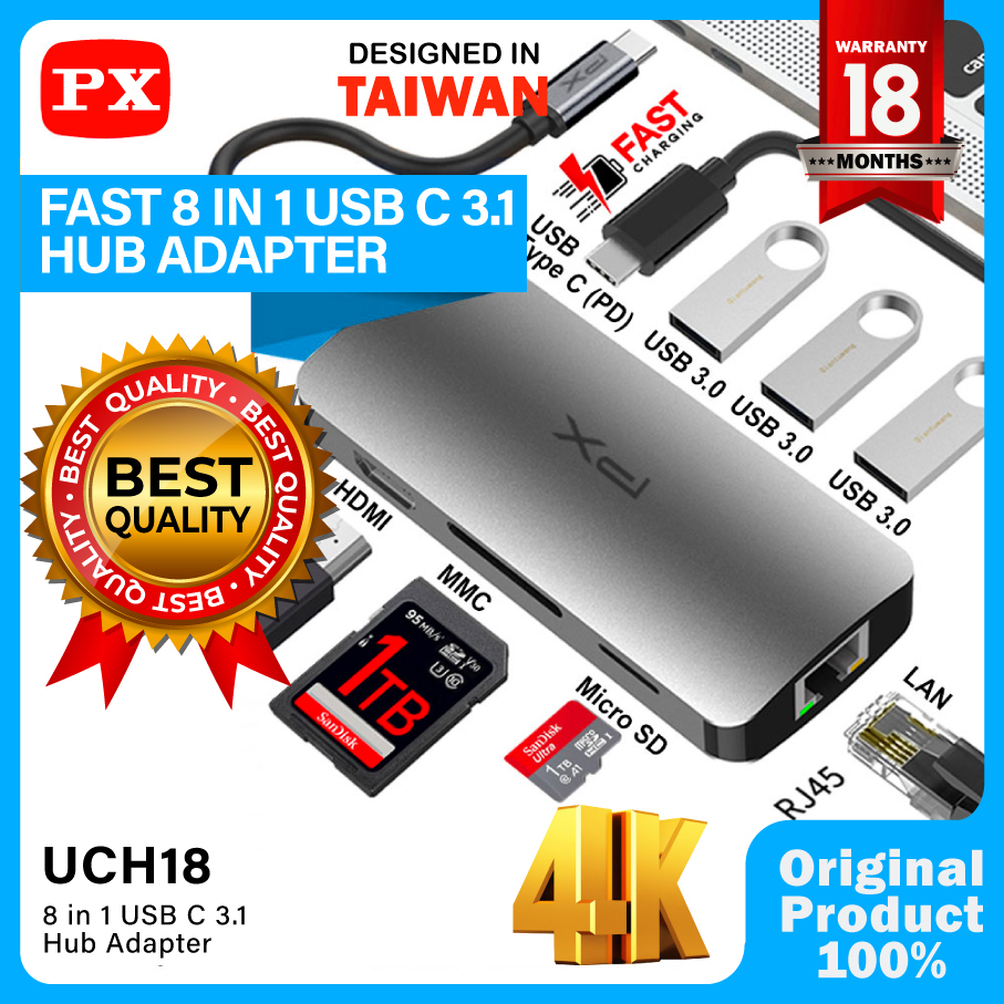 Converter Hub Adapter 8 in 1 4K USB Type C 3.1 USB HDMI PX UCH18