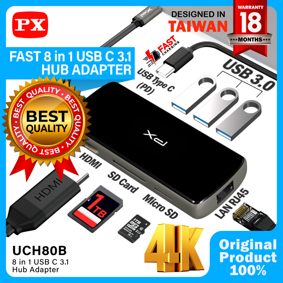 USB Type C Hub Converter to HDMI USB LAN Micro SD 8 in 1 PX UCH80B