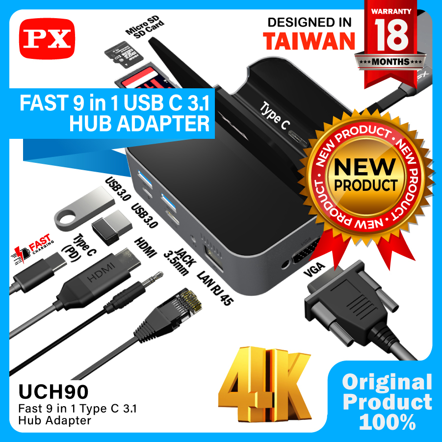 Hub Converter USB Type C 3.1 HDMI  VGA USB Jack 3.5mm 9 in 1 PX UCH90