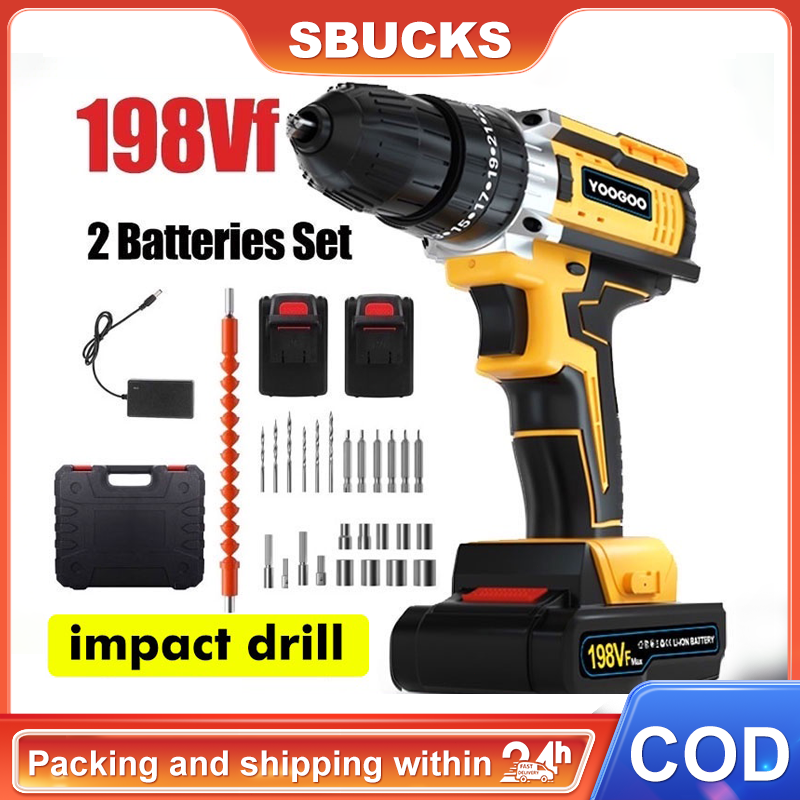 198VF Mesin Bor Impact Drill Cordless Electric Impact Wrench/Bor Baterai/Bor Tanpa Kabel /baterai-Bor Listrik /Beton Besi Kayu  2 Kecepatan 2 Baterai 1Year Warranty impact drill full set pilihan Bor tanpa kabel impact Tools Screwdrivers