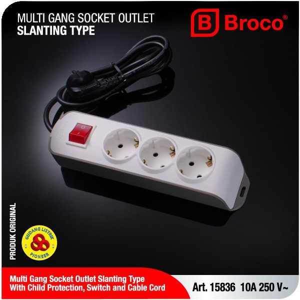Broco Stop Kontak 3 Lubang Miring CP 15836 + Saklar Lampu + Kabel 1,5M