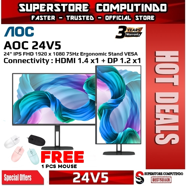 Monitor LED AOC 24V5 24&quot; IPS 1080p 75Hz Ergonomic Stand Pivot Swivel