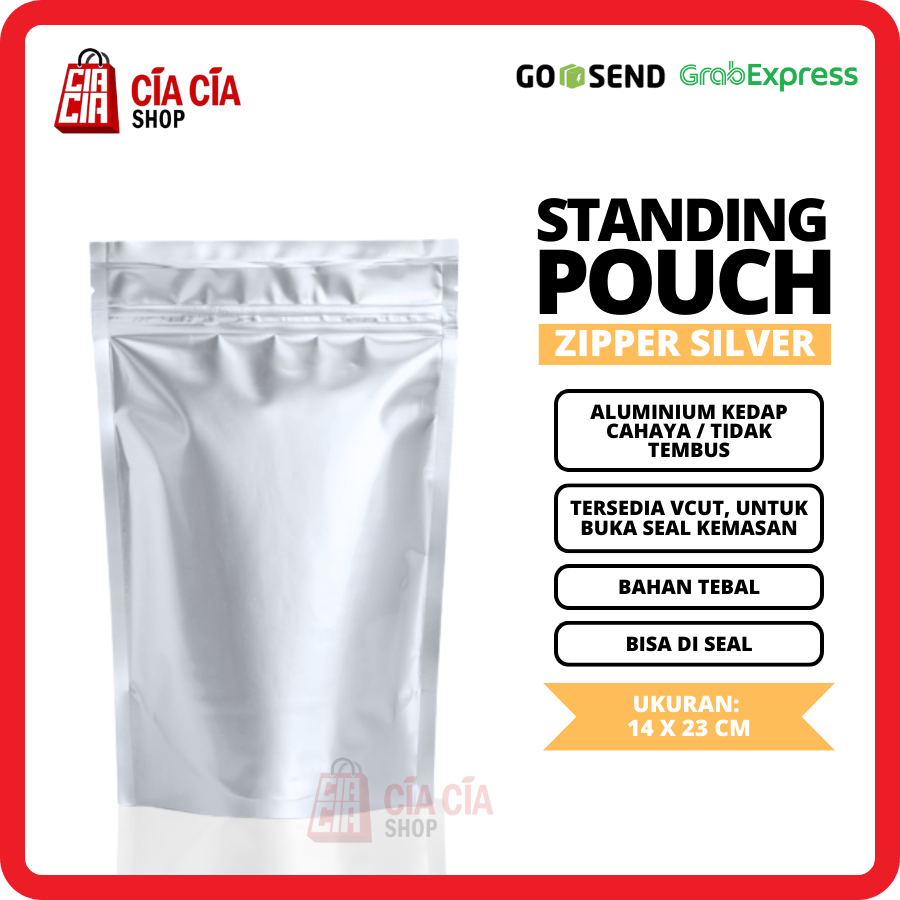 Kemasan Standing Pouch Zipper Alu Silver Food Grade Kedap Cahaya 14x23